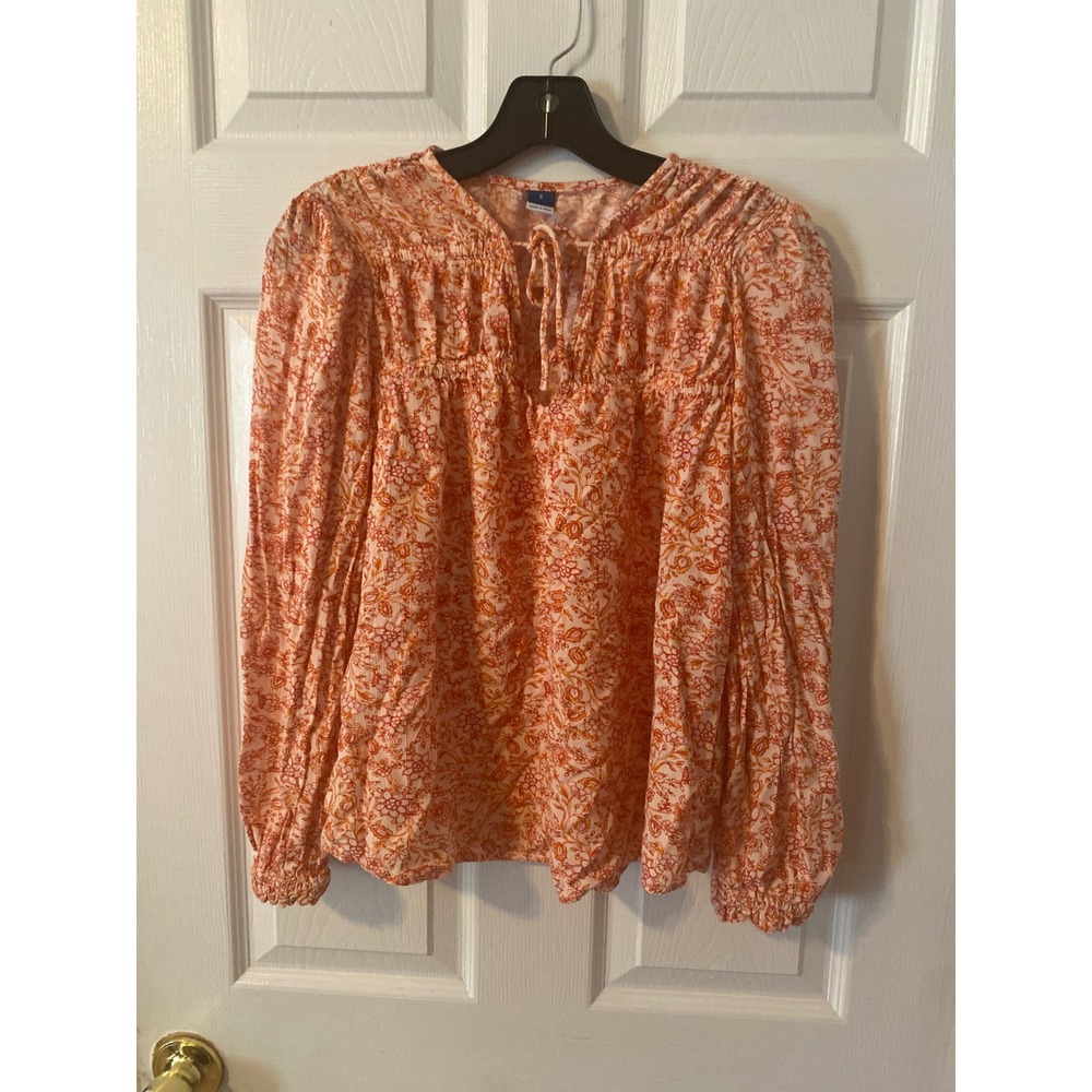 Old‎ Navy Womens Small Orange Pink Floral Long Sleeve Smocked Peasant Blouse Top